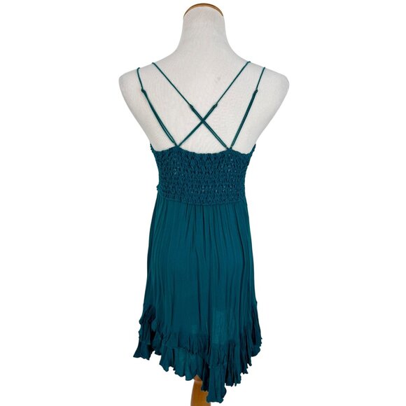 Free People Teal Lace Crochet Trim Ruffled Hem Flowy Casual Boho Slip Dress - Picture 11 of 16
